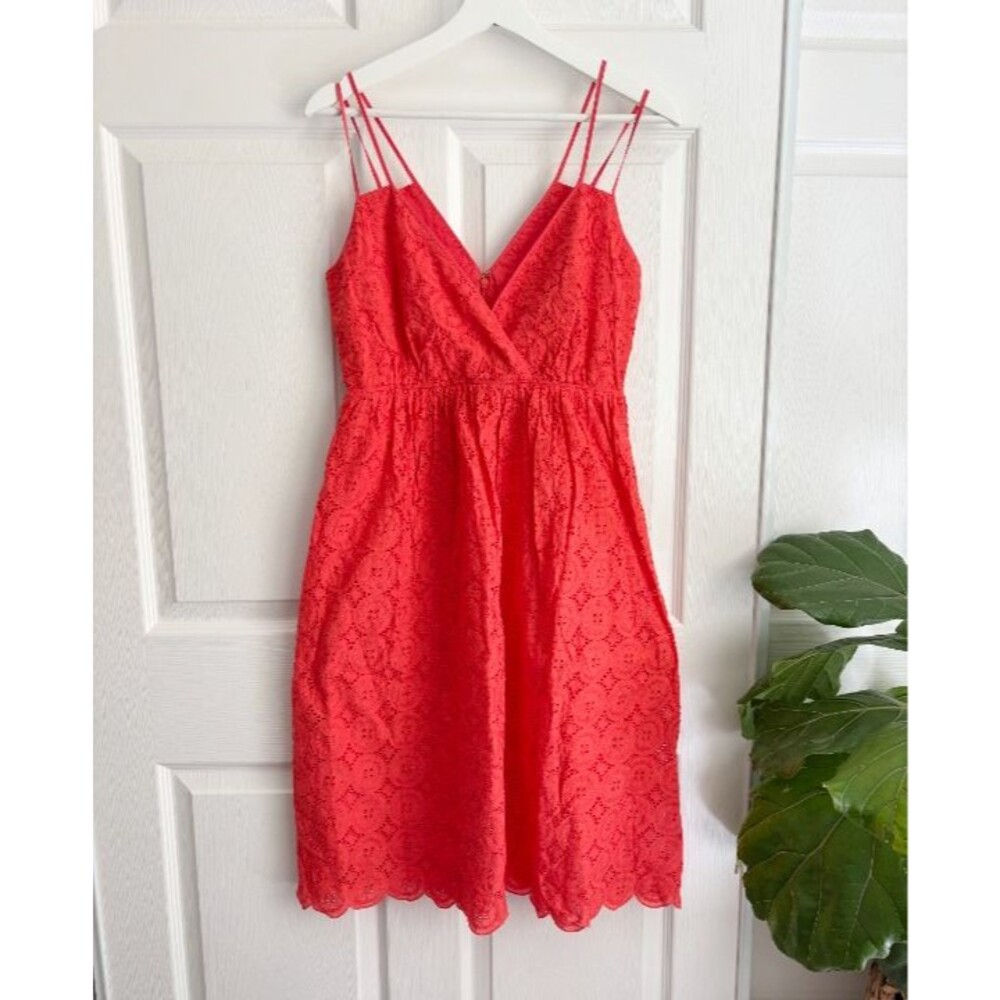 JCREW $198 Petite double-strap midi dress in eyelet Size 2P Coral Red